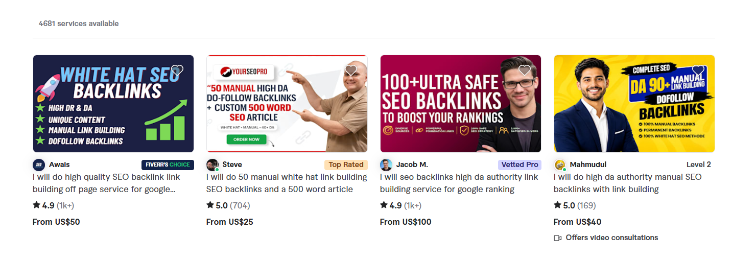 Four Fiverr backlink gigs priced from US$25 to US$100, promising high DA, dofollow, manual and white hat links